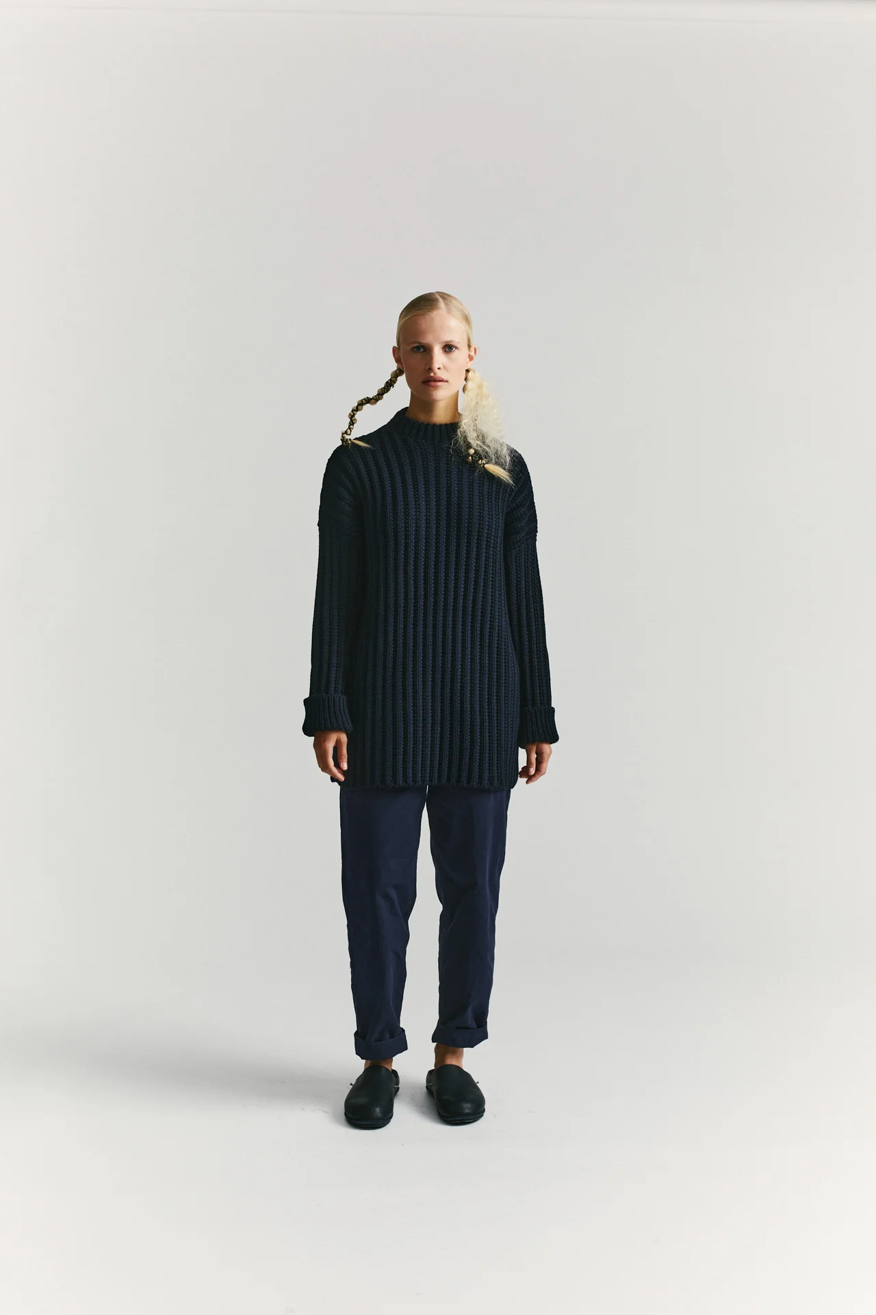 CREW NECK OPEN RIB SWEATER - WOOLY - NAVY - Image 4